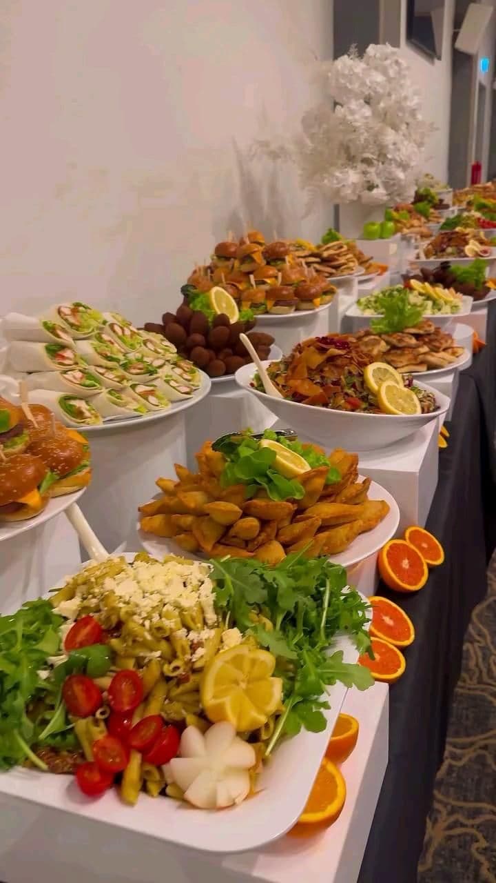Food counter setup with variety of dishes
